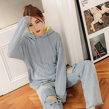 立體麻花織紋撞色連帽落肩上衣-OB大尺碼