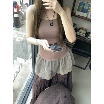 【 𝑭𝒍𝒐𝒘𝒆𝒓𝒔𝒆𝒂】美拉德穿搭 刺繡薄紗下擺蕾絲拼接接裙擺 疊穿 打底 修身 吊帶連身裙 上衣女