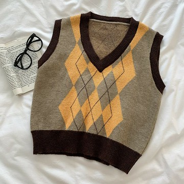 【巴黎精品】現貨+預購 針織背心無袖毛衣-拼色菱格紋V領背心女上衣4色a1cv80