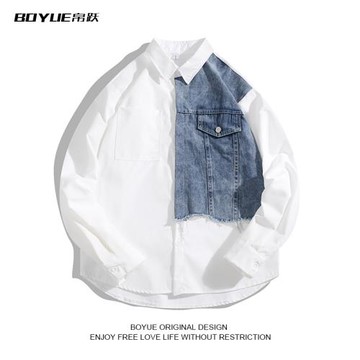 BOYUE帛躍春季牛仔拼接襯衫男港風寬松設計感小眾ins潮流襯衣個性