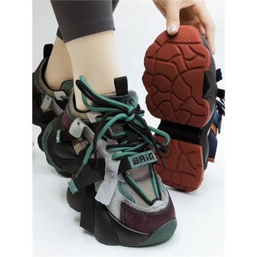 拼色老爹鞋女2026春季新款厚底運動鞋真皮休閑百搭復古增高鞋子女