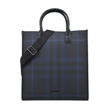 BURBERRY Denny 經典格紋帆布直立托特包(海軍藍)