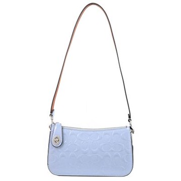COACH 滿版浮雕LOGO漆面皮革肩背小提包(灰藍)