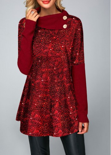 Button Detail Long Sleeve Wine Red Shining T Shirt