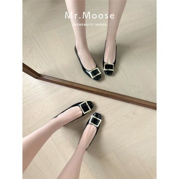 漆皮方扣單鞋女淺口2026春季新款法式小香風方頭粗跟真皮女鞋百搭