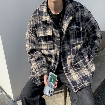 美式復古格子襯衫外套男春秋翻領刺繡夾克潮牌學生痞帥炸街上衣服