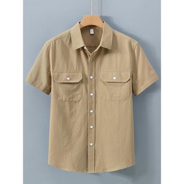 夏季工裝襯衫男短袖寬松薄款純棉休閑上衣潮流百搭雙口袋半袖襯衣