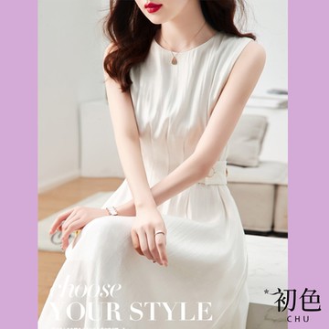 初色  無袖收腰鈕扣連身洋裝-白色-62248(M-2XL可選)