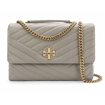 TORY BURCH KIRA 雙T金字LOGO鍊斜紋衍縫翻蓋兩用包(大/蒼鷺灰)
