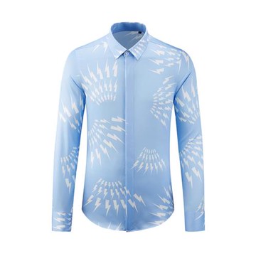 秋季新款垂直感全幅閃電印花襯衫男士長袖修身潮流高級感免燙襯衣