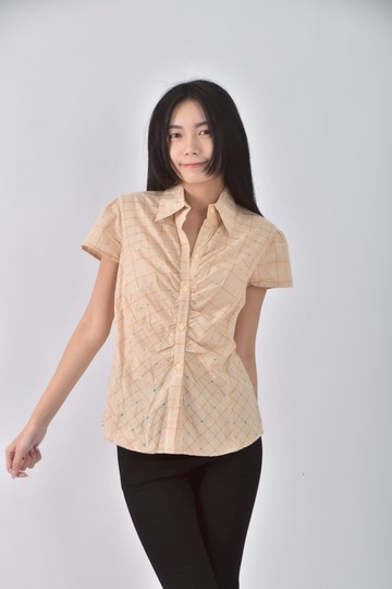 (M) azur femme棉質格紋杏色短袖上衣