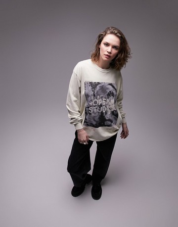 Topshop graphic open studio long sleeve skater tee in ecru-White