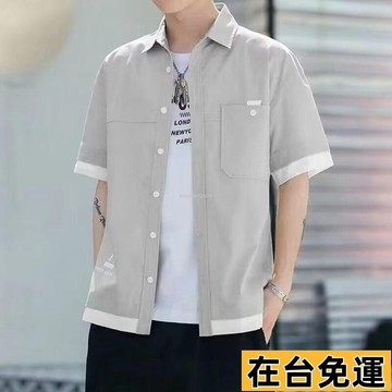 🔥台灣發出🔥 2025新款 男士假兩件短袖襯衫 潮流拚接工裝外套夏季韓版青少年帥氣休閒襯衫 小哥帥氣潮牌休閒男裝 C