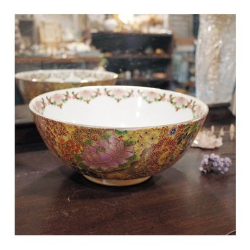 老件.早期厚實描金百花大碗公.招財進寶.直徑25.5cm日式瓷碗.收藏