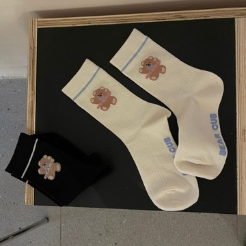 小紅書同款 襪子女 小熊襪子 女 中筒襪 ins 潮 春夏 棉  可愛 日系 條紋 學生 百搭 堆堆襪 學生襪 中筒襪
