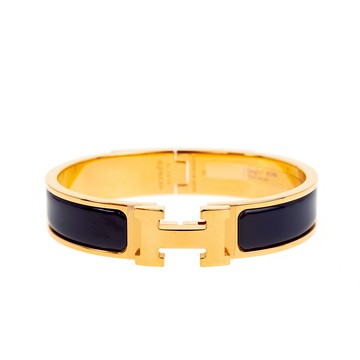 HERMES 經典Clic H LOGO PM 細版金色手環 (藍色/PM)