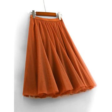 春季百搭橘色大碼網紗半身裙中長款高腰顯瘦蓬蓬百褶裙仙女a字裙