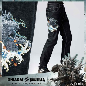 預購【GODZILLA 聯名】哥吉拉-1.0浮世繪756刺繡丹寧直筒褲  - BLUE WAY 鬼洗い