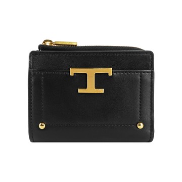 TOD'S T Timeless 暗釦二折拉鍊零錢袋短夾(黑色)