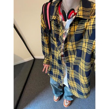 2025新款格子襯衫男長袖春秋美式復古格紋黃色高級感男生襯衣外套