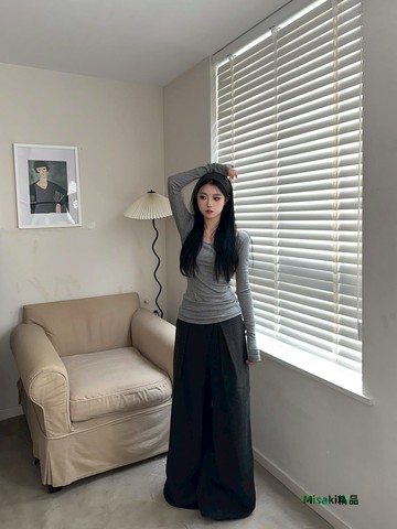 Femedu 天絲羊毛高彈薄款U領打底衫修身顯瘦百搭防曬長袖上衣T恤-Misaki精品