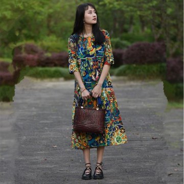 【花顏】素心自制文藝棉麻連衣裙女夏民族風寬松中袖印花長裙包郵