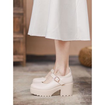 厚底瑪麗珍鞋女2025新款真皮松糕底婚鞋白色高跟鞋粗跟溫柔風單鞋