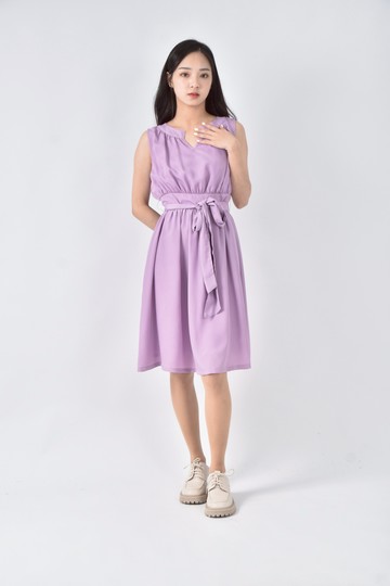(S) charcoal春夏雪紡無袖寬擺紫色綁帶洋裝