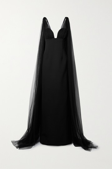 Oscar de la Renta - Cape-effect Tulle And Wool-blend Gown - Black - US0