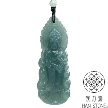 【漢石齋】天然翡翠A貨 觀音玉佩吊墜 冰糯種藍水(27*75*8mm)