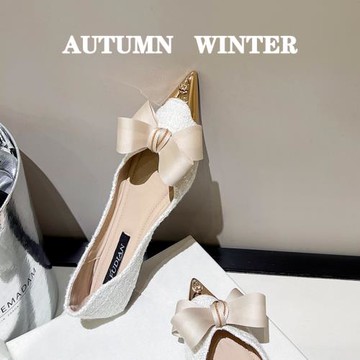 法式小香晚風氣質尖頭單鞋女淺口2026新款鞋子夏季平底蝴蝶結瓢鞋