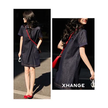 (免運)笑涵閣 "輕氧牛仔裙" 半開襟小翻領正肩直筒牛仔連衣裙中裙25新の