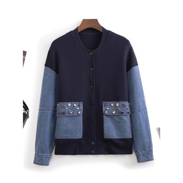 港風chic！大簰設計！重工彩鉆口袋撞色拼接牛仔棒球夾克外套女秋