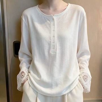 【臺灣出貨】大碼長袖T恤女 2026秋季新款韓版棉感亨利領上衣 溫柔風長袖罩衫 胖mm寬鬆顯瘦蕾絲拼接打底衫