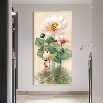 中式荷花5D鉆石畫滿鉆新款簡約現代輕奢點貼鉆十字繡豎版玄關