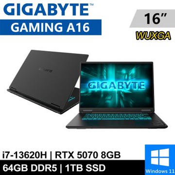 技嘉 GAMING A16 CWHI3TW894SH-SP8 16吋 黑(i7-13620H/64G DDR5/1TB SSD/RTX5070 8G/W11)特仕機