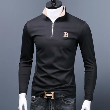 半拉鏈t恤男絲光棉內搭高端男裝打底衫刺繡上衣純棉立領長袖體恤