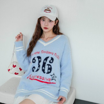 ★V領撞色仿水貂毛數字星星毛衣(共2色)1118 預購【NR2399】