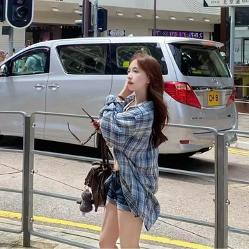 【佈小九】👚有貨👚 輕奢高級感藍色格紋襯衫外套女新款寬鬆休閒遮肉中長款襯衣 襯衫 長袖襯衫 百搭襯衫 襯衫 休閒襯衫