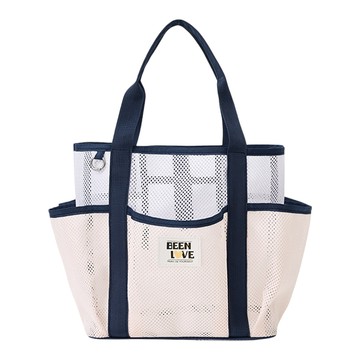 JOYFUL LIFE 雙色 網格 多口袋 沙灘托特包