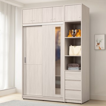 直人木業-SWEET極簡風白榆木121公分長虹玻璃滑門衣櫃搭配46公分三抽開放櫃(加被櫃組)