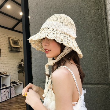草帽女沙灘蕾絲帽子夏季遮陽防曬太陽女涼帽綁帶漁夫帽子薄款夏天