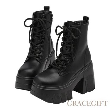 【Grace Gift】追星女孩輕量加厚增高綁帶靴 黑