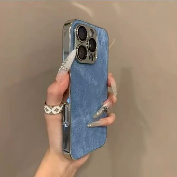 高品質 電鍍銀邊 牛仔皮質 復古款式 防摔手機殼 用於iPhone16 i15 i14 i13 i12 i11 耐摔防震