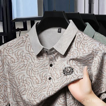 男士正品短袖新款印花T恤冰絲翻領POLO高檔商務休閒夏季上衣 POLO衫男 工作服 男polo衫 翻領POLO衫