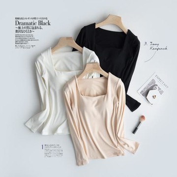 加絨方領帶胸墊保暖長袖t恤女免穿內衣秋冬季內搭帶罩杯上衣打底