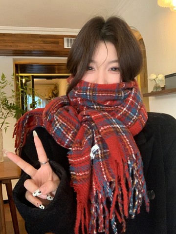 新款氛圍感紅色格子復古圍巾女韓版百搭色圍脖保暖學生情侶潮