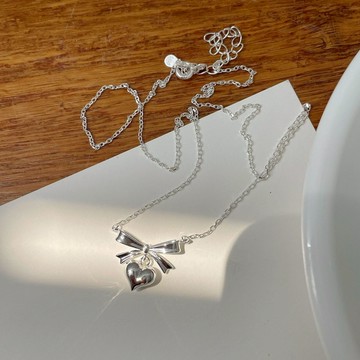 ［Relise］（台灣現貨） A0323* 通體純銀 S925純銀 蝴蝶結愛心項鍊/耳環