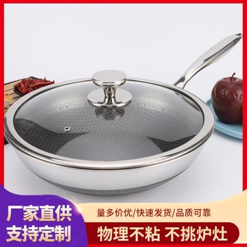 316家用不銹鋼小炒鍋蜂窩不粘鍋雙面屏平底鍋食品級炒鍋電磁爐燃