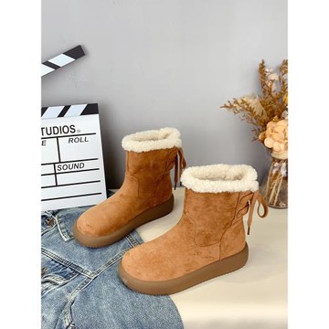 厚底磨砂真皮雪地靴女2024新款冬季復古百搭加絨加厚短靴毛毛靴子
